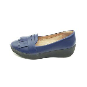 FitFlop Audrey Fringe Navy Blue Leather Loafer Slip On Comfort Shoes Women US 5